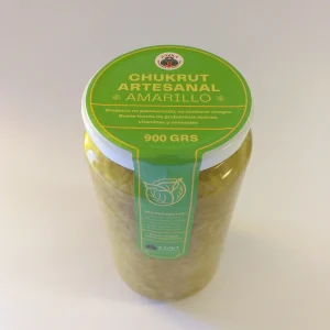 Chukrut artesanal de repollo, curry, apio, manzana. Probióticos activos, vitaminas, fibra, prebióticos. 900g. No pasteurizado. Env. vidrio.
